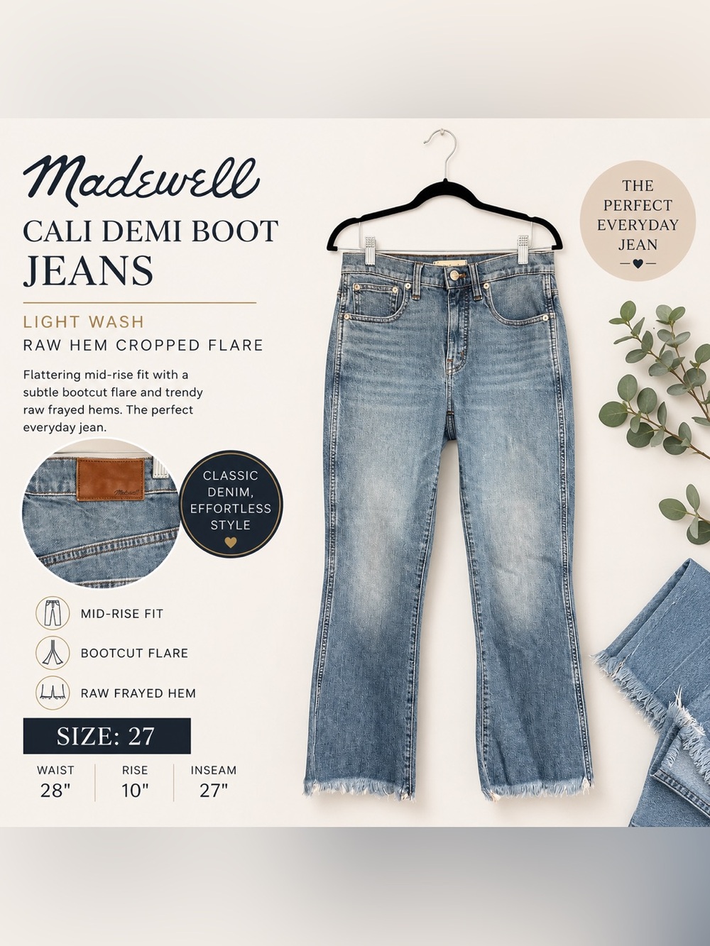 Madewell Cali Demi Boot Jeans Women’s 27 Light Wash Raw Hem Cropped Flare